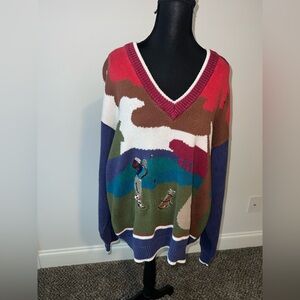 Vintage Par Four Colorful V-Neck Sweater with Unique Design Large